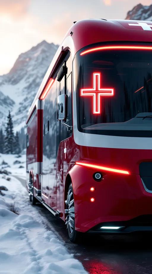 Prompt: Ultra Realistic Big Long Futuristic RV, red-and-white Swiss flag colors, glowing Swiss cross emblem, snowy Alps background, cinematic ultra realistic.