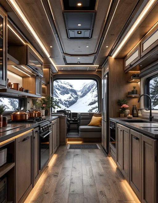 Prompt: Ultra Realistic Big Long Futuristic RV interior kitchen, wooden alpine chalet design, copper pots, glowing trims, cinematic ultra detailed.