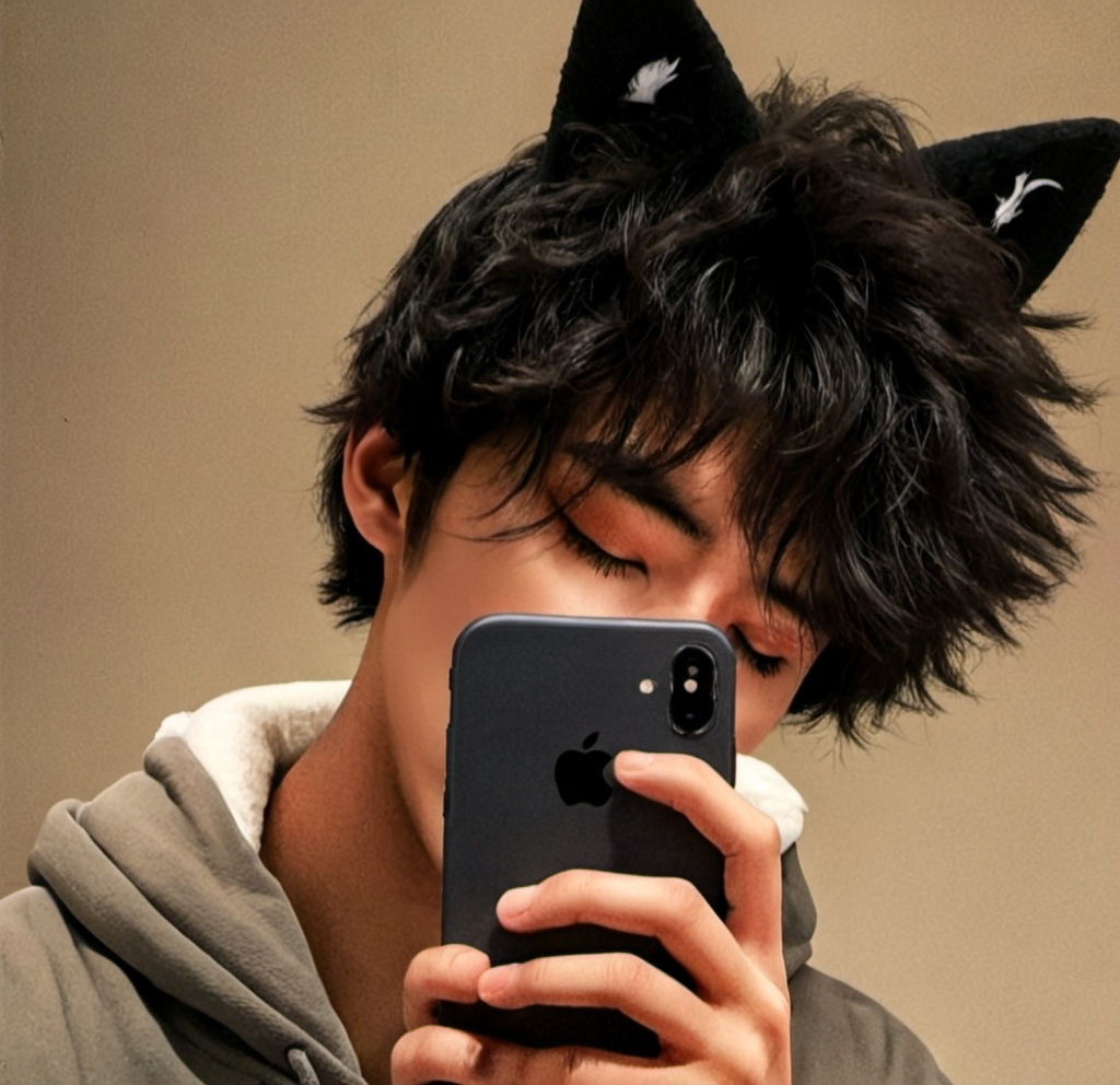 Prompt: Image of a realistic real HUMAN An asian boy, black hair fluffy messy hair, with a large hoodie, cute yet very handsome boy, taking picture of himself holding his iPhone, facing the mirror, he has cat ears on his head too items), he must be like those aesthetic Pinterest asian boy.