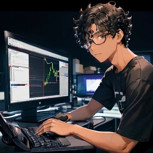 Prompt: A boy with black curly hair wearing eyeglasses and a black tshirt. light brown skin.

Posing with his computer at home while trading on stock market. dark background computer