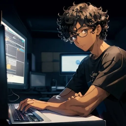 Prompt: A boy with black curly hair wearing eyeglasses and a back tshirt. light brown skin.

Posing with his computer. dark background room. While trading stock market