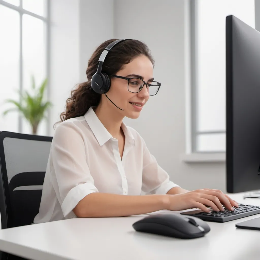 Prompt: (accurately spelled text "אני צריך שתייצר לי איש תמיכה") person sitting at a computer, responding to emails, providing writing support, (clear translucent image), professional ambiance, modern workspace aesthetics, relaxed expression, tech accessories, clean visual design, seamless integration, (PNG transparent background), focused atmosphere, meticulous details, high-quality depiction, 4K resolution, engaging composition.