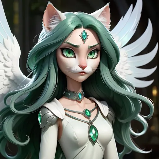 Prompt: a female feline humanoid with long dark green hair, light green eyes, white wings, dark green tail, a silver collar with a light blue crystal at the center