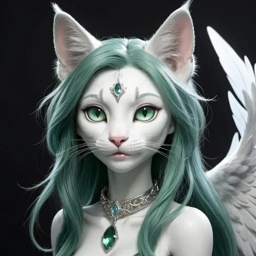 Prompt: a realistic humanoid feline female with long dark green hair, light green eyes, white wings, dark green tail, a silver collar with a light blue crystal in the center