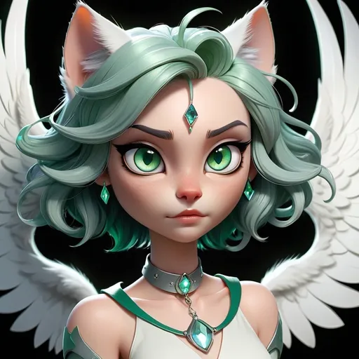 Prompt: a female feline humanoid with dark green hair, light green eyes, white wings, dark green tail, a silver collar with a light blue crystal at the center