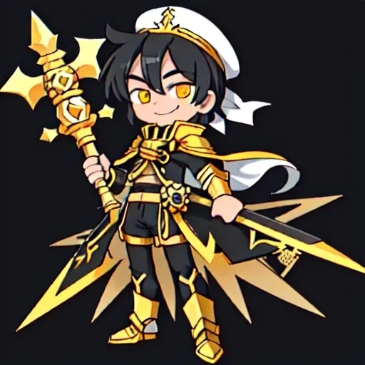 Prompt: A white male covered in Black and Yellow Armor. He is 5'8 and 15 years old. Yellow Eyes and Black Hair. His weapon is a big two handed silver and gold war hammer. He has a small smile on his face. He has a flowing cap behind him that is black on the outside and yellow on the inside. 