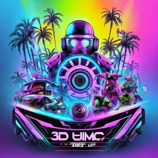 Prompt: Title: 5D Musical Cyber HipHop Orchestra Design a Cybernetic EDC HipHop Elite, Boom Box Speakers BoomBap, 90s Cyber Style, Ravers Realms  Party Flyer 3D, Latina Models, Holographic musical DJ SkiiiHigh by pool party with palm trees, rendered in Ultra realistic 8k quality, Vistaprint Print Square Flyer Instagram design Mockup Rendered in Unreal Engine 5.5, Octane 5.5
