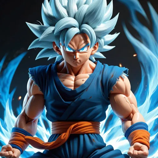 Prompt: Goku Super Saiyan Elite White Hair SS7 LONG HAIR SUPER SAYIAN  Vegito in anime style, vibrant blue hair, powerful aura, dynamic fighting stance, detailed facial features, high quality, anime, action, dynamic pose, vibrant colors, intense lighting rendered in Unreal Engine, Octane 5.5