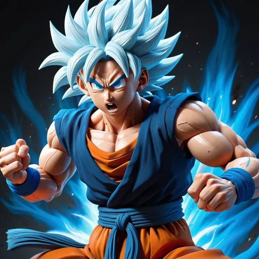 Prompt: Goku Super Saiyan Elite White Hair SS7 LONG HAIR SUPER SAYIAN  Vegito in anime style, vibrant blue hair, powerful aura, dynamic fighting stance, detailed facial features, high quality, anime, action, dynamic pose, vibrant colors, intense lighting rendered in Unreal Engine, Octane 5.5