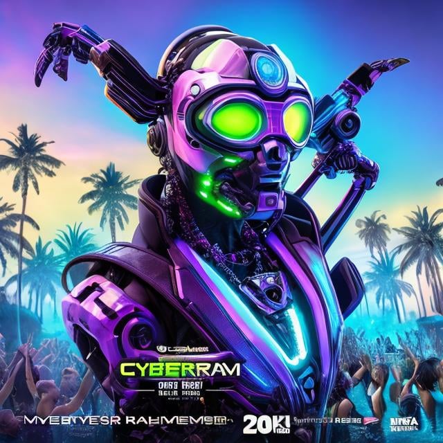 Prompt: Design a Cybernetic EDC Ravers Realms  Party Flyer 3D, Latina Model by pool party with palm trees, rendered in Ultra realistic 8k quality, Vistaprint Print Square Flyer Instagram design Mockup Rendered in Unreal Engine, Octane 5.5
