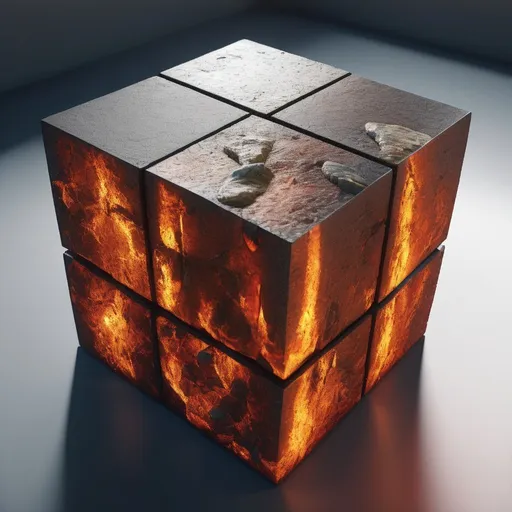 Prompt: 3D CUBE WITH ROCKLAVA , 3D TEXTURE APP UX UI OVER AND ABOVE TEXTURE CUBE, RENDERED IN UNREAL ENGINE, OCTANE 5.5 RAY TRACE