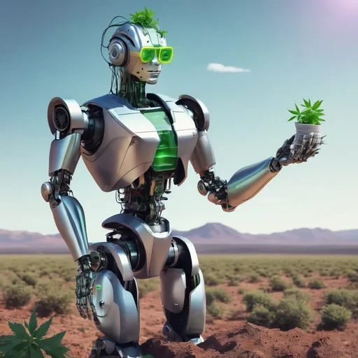 Prompt: Make me a futuristic male robot in a land full with a speaker, weed and cash