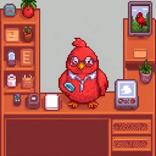 Prompt: a red bird in a shirt and glasses while holding a smartphone, masterpiece, high quality detailed