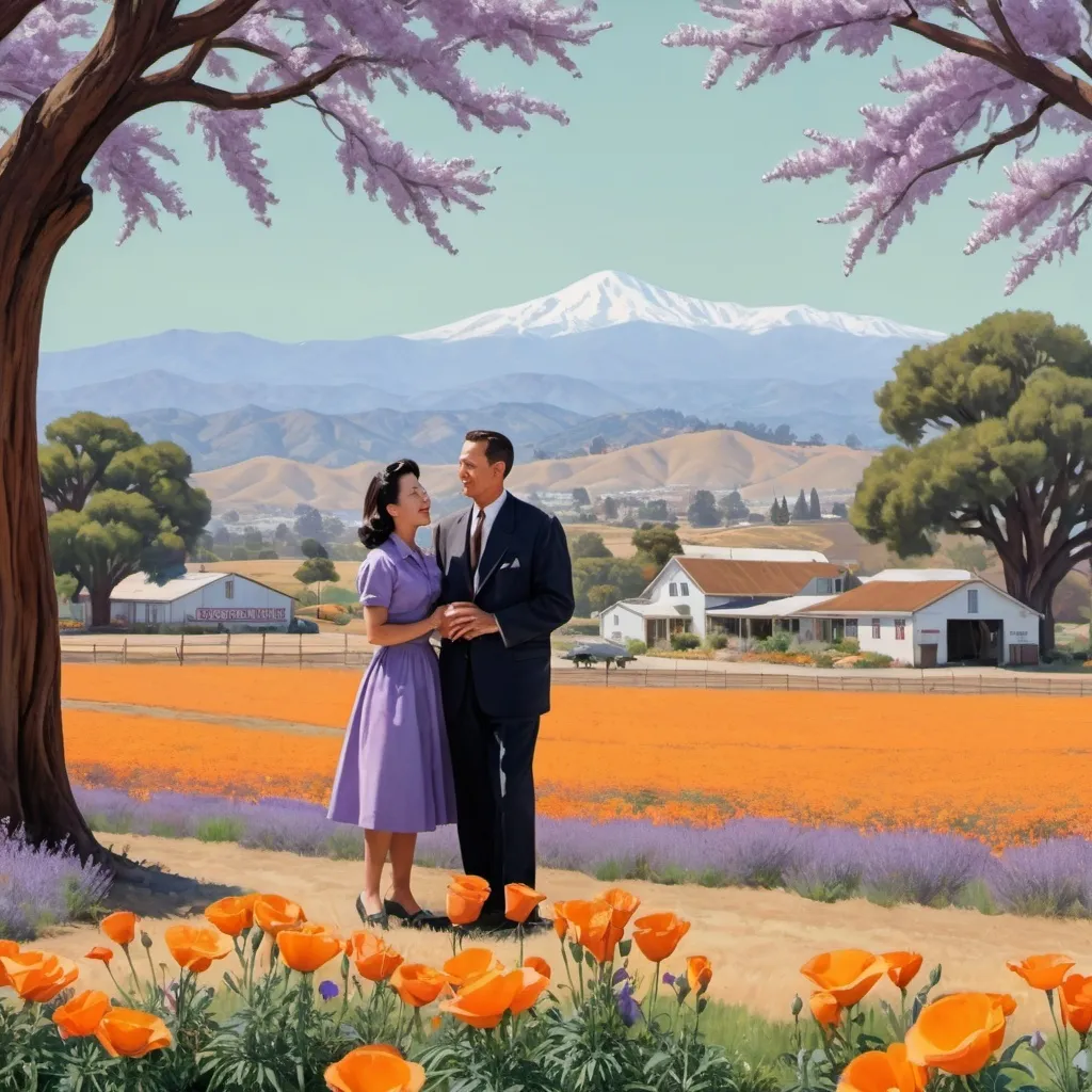 Prompt: A farm mural for a 1950’s era billboard with 1950’s lettering  “Lafayette lavender Farms” with lavender field, cherry blossoms, California poppies, citrus trees, mount diablo in the background. Rita Ng and Carson Lawall in the foreground holding an orange. Roses in the periphery of the image.