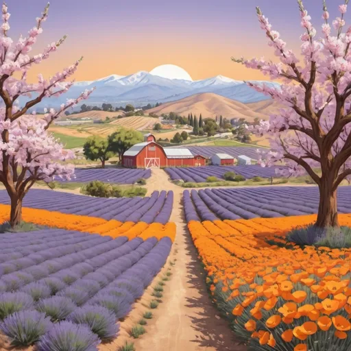 Prompt: A farm logo and mural for Lafayette lavender Farms with lavender field, cherry blossoms, California poppies, oranges, citrus trees, 