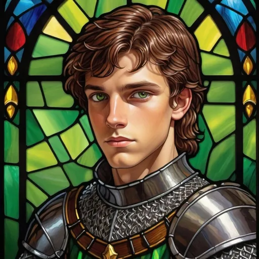 Prompt: Portrait of a young knight.  brown hair, green eyes, slightly pointed ears.  dressed in chain mail
