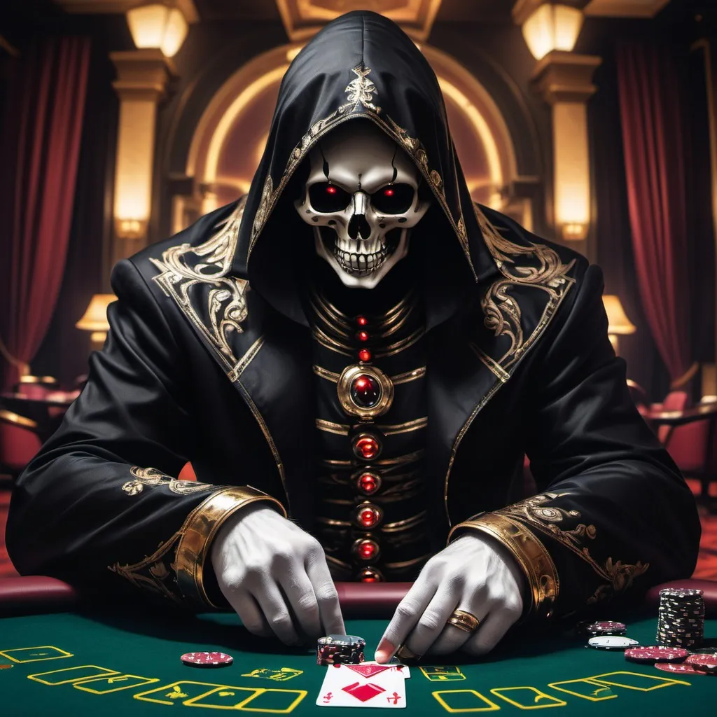 Prompt: the god of death looking down on you as you hopelessly gamble your life away more gambling more gambing black jack