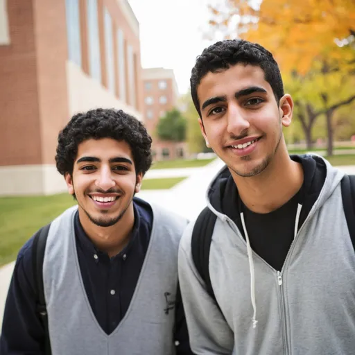 Prompt: Two young Arab men at university in America looking forward