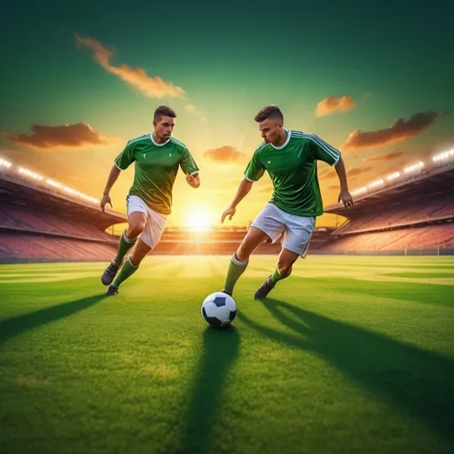Prompt: Football field at sunset, vibrant green grass, players in action, dynamic movement, high quality, realistic, dynamic lighting, sports, sunset, action, vibrant colors, realistic details