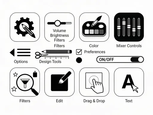 Prompt: crie icones considerando essas descriçòes: Engrenagem com Lápis/Pincel: Combina o ícone de configurações técnicas (engrenagem) com o ato de criação ou modificação manual.

Sliders (Barras de Ajuste): Representam o controle preciso e a variação contínua de parâmetros (volume, brilho, filtros).

Paleta de Cores com Pincel: O símbolo da escolha de cores e do controle estético sobre o ambiente ou objeto.

Menu de Opções (Dropdown com Várias Linhas): Indica que existem múltiplas escolhas disponíveis para o usuário.

Controles de "Mixer" (Equalizador): Representam o ajuste fino de diferentes elementos para criar uma combinação única.

Ferramentas de Design (Lápis, Régua, Tesoura): Simbolizam a capacidade de moldar e cortar algo sob medida.

Checkboxes e Radio Buttons (Marcados): O ato de selecionar ativamente as preferências desejadas em um formulário.

Ícone de "Ativar/Desativar" (Toggle Switch): Representa o controle direto sobre recursos opcionais.

Botão "Mudar/Editar" (Pincel sobre um Objeto): Indica claramente que um item pode ser modificado pelo usuário.

Lupa com Opções de Filtro: Representa a personalização da busca através da seleção de critérios específicos.

Ícone de "Arrastar e Soltar" (Drag & Drop): Simboliza a personalização do layout e da organização do conteúdo.

Ferramenta de Texto (A com Cursor): A capacidade de adicionar e modificar texto personalizado (nomes, mensagens).
