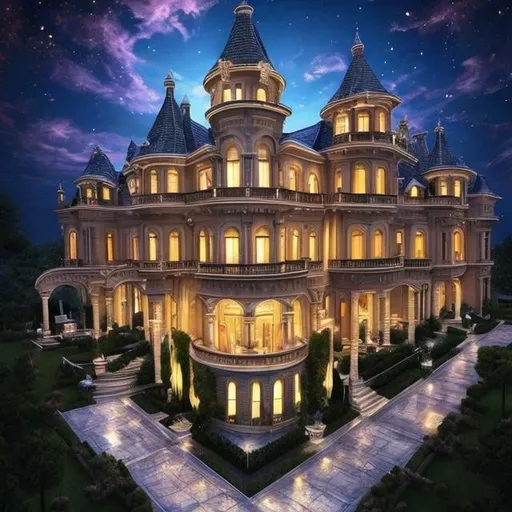 Prompt: 6-story mansion with hanging lights, beautiful sky, detailed architecture, high quality, realistic, vibrant colors, luxurious, atmospheric lighting, evening setting, majestic mansion, illuminated sky, detailed design, professional, architectural, elegant, mansion, sky, hanging lights