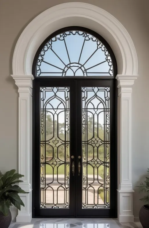 Prompt: CREATE a luxurious   Neoclassical and Moroccan
Palladian Windows with Latticework: Combine the symmetry and grandeur of Neoclassical Palladian windows with intricate Moroccan latticework. This fusion brings together order and exotic beauty