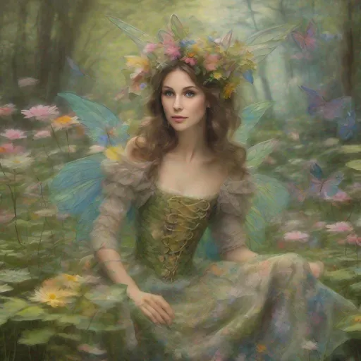 Prompt: Create Claude Monet fully clothed beautiful adult fairy design in Forrest 