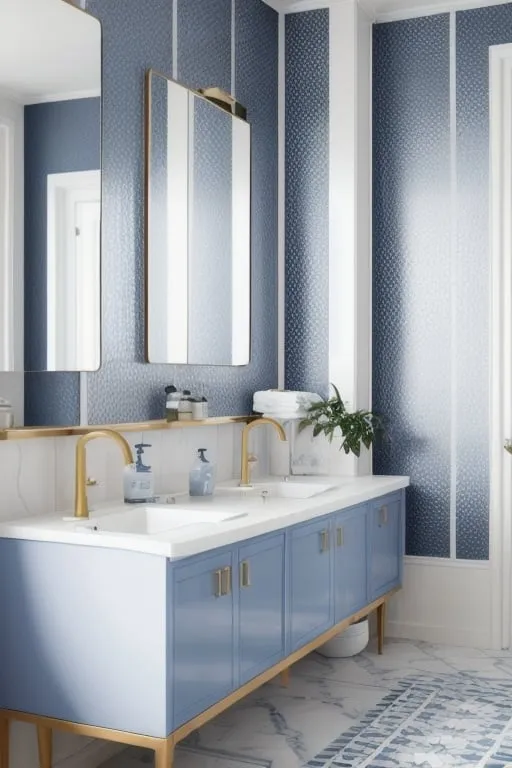 Prompt: create a luxurious scandinavian blue bathroom with patterned decorated walls in a highrise building