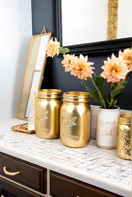 Prompt: create a luxurious gold boho bathroom with DIY Chalk-Painted Mason Jar