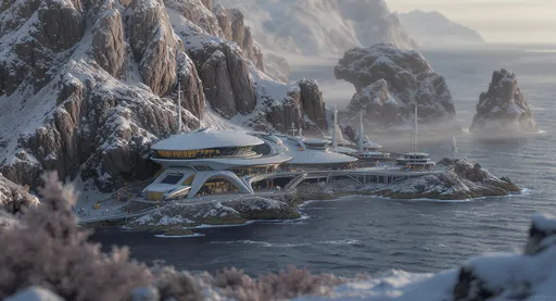 Prompt: Hyper-realistic miniature diorama, a wintry mountainous alien ocean port, on an alien world. cinematic golden-hour lighting, handcrafted model look, 8K ultra-realism, realistic materials and lens blur, isolated miniature world, fine detail textures, 8K realism,premium model photography style