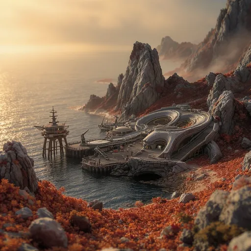 Prompt: Hyper-realistic miniature diorama, a fall mountainous alien ocean port, on an alien world. cinematic golden-hour lighting, handcrafted model look, 8K ultra-realism, realistic materials and lens blur, isolated miniature world, fine detail textures, 8K realism,premium model photography style