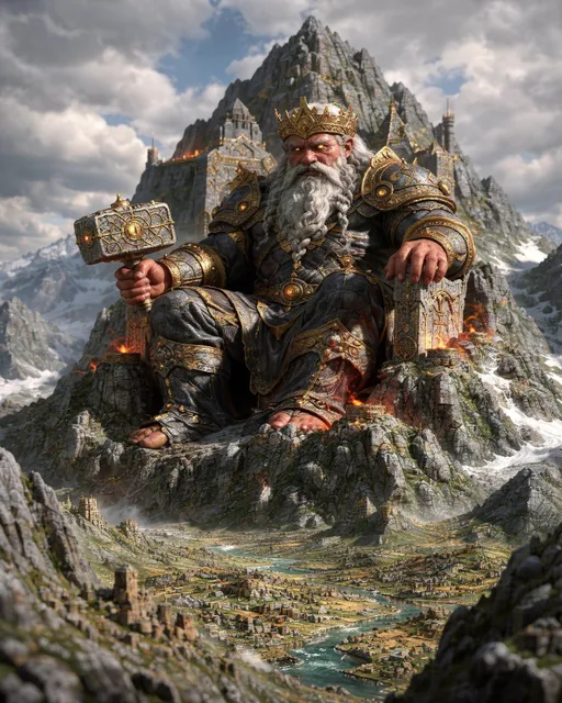 Prompt: Ultra realistic mini world scene, a wide angle view of a dwarf God King as he sits on his throne made of the mountain itself, looking down unto the world below.Dramatic lighting, Hyper-realistic high-fantasy living and breathing mini-world style. Ultra-detailed materials and textures: Shiny metal, clean leather, realistic skin pores, realistic hair. Dramatic lighting, dramatic highlights on armour and reflective stone. Perfect miniature scale: finely detailed ground textures. Absolutely no toy look. Epic high-fantasy mood, lifelike realism, miniature world brought to life. Shot on a macro lens, f/2.8, 8K resolution, physically accurate materials.