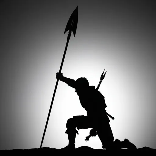 Prompt: Silhouette of a man holding a spear crouched for attack
