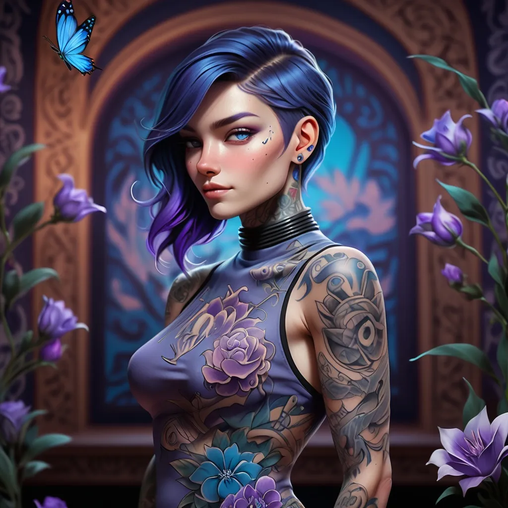 Prompt: cartoon with blue and purple backgrounds flowers behind a Tattooed woman high neck dress, intricately adorned with meaningful tattoos representing personal journeys, each design telling a unique story. Soft diffused lighting, warm tones creating an intimate ambiance, with a serene expression reflecting self-discovery. Background softly blurred to enhance focus on the subject, showcasing a delicate balance between strength and vulnerability. Ultra-detailed, high-definition quality with artistic elements highlighting the beauty of these transformative experiences.