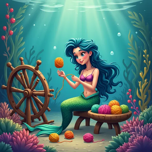Prompt: Generate an image of a whimsical underwater scene with a mermaid in her vibrant underwater home. She has distinctive features, including blue and green hair and a multi-colored tail. She is surrounded by a variety of colorful plants and sea life, with bubbles floating around her. Near her, there is an old-fashioned driftwood spinning wheel where she has been spinning yarn.  She has a wooden bowl containing balls of yarn of multiple colors. She should be actively engaged in spinning. 