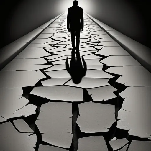 Prompt: A symbolic image could show a person weighed down by invisible burdens, like shadowy figures looming behind or above them, representing the accumulated psychological troll of repeated racist encounters. Alternatively, an image of a figure walking alone on a path, with cracks appearing underfoot, could symbolize the emotional strain of daily discrimination.