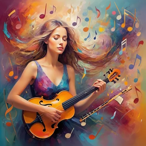Prompt: Abstract music with impressionist face, surrealism style, vibrant color palette, flowing musical notes, dreamy and ethereal atmosphere, impressionist brush strokes, abstract musical instruments, soft and diffused lighting, high quality, surreal, vibrant colors, dreamy atmosphere, impressionist style, flowing shapes, ethereal, abstract instruments, professional lighting