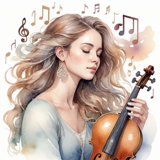Prompt: Watercolor illustration of a serene musician surrounded by floating musical notes, soft pastel tones, delicate brushstrokes, ethereal lighting, detailed facial features, flowing hair, elegant musical instruments, subtle earrings, high quality, watercolor, serene, musical notes, delicate brushstrokes, ethereal lighting, detailed facial features, flowing hair, elegant musical instruments, subtle earrings