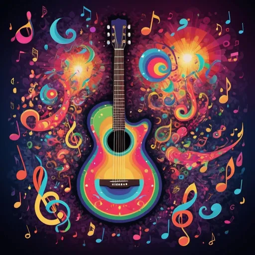 Prompt: Psychedelic music scene with floating music notes, colorful swirling patterns, vibrant musical instruments, abstract face with kaleidoscopic eyes, high quality, art style-psychedelic, vibrant colors, swirling patterns, musical instruments, abstract face, kaleidoscopic eyes, music notes, atmospheric lighting, guitar