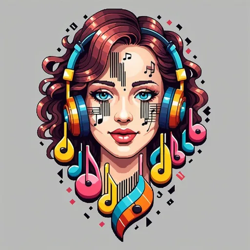 Prompt: Pixel art of a musical face, music notes, earrings shaped as musical instruments, retro pixel style, vibrant colors, detailed features, high resolution, pixel art, music notes, musical face, retro, vibrant colors, detailed, high resolution, earrings shaped as musical instruments