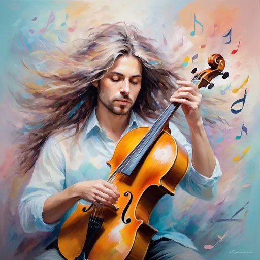 Prompt: Abstract impressionist portrait of a musician, vibrant brushstrokes, soft pastel colors, dreamy atmosphere, flowing hair, expressive eyes, musical notes floating in the air, blurred shapes, textured canvas, impressionism, abstract, vibrant, dreamy, flowing hair, soft pastel colors, musical atmosphere
