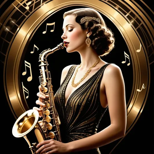 Prompt: Art Deco style image of a musician, golden music notes swirling around, a glamorous woman with sleek, defined features, playing a vintage saxophone, luxurious and elegant, intricate art deco details, vibrant colors in gold and black, dramatic lighting, high contrast, professional, detailed instruments, musical theme, opulent, vintage, glamorous, face features, art deco style, music notes, luxurious lighting