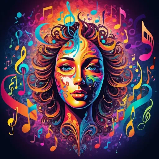 Prompt: Psychedelic music scene with floating music notes, colorful swirling patterns, vibrant musical instruments, abstract face with kaleidoscopic eyes, high quality, artstyle-psychedelic, vibrant colors, swirling patterns, musical instruments, abstract face, kaleidoscopic eyes, music notes, atmospheric lighting