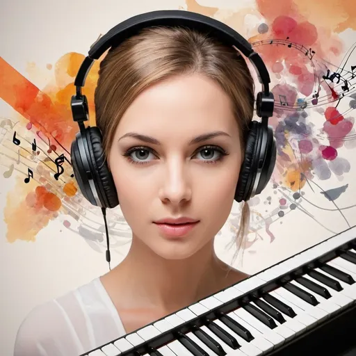 Prompt: music, keyboard in background, female face, abstract
