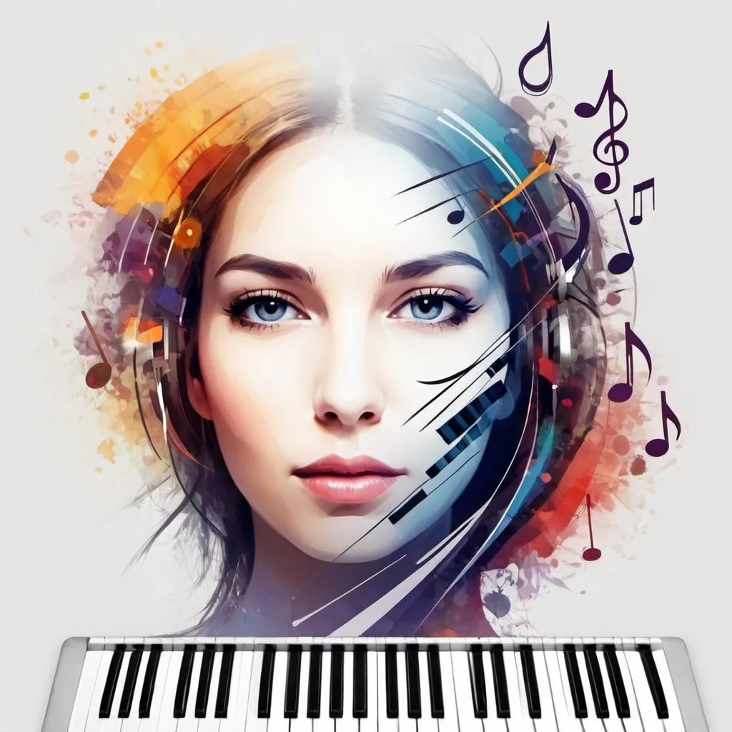 Prompt: music keyboard in background female face abstract