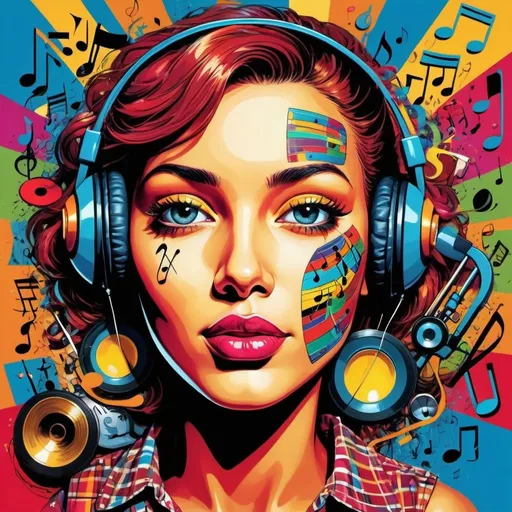 Prompt: Pop art depiction of a vibrant face surrounded by music notes and instruments, bold colors, comic book style, high energy, lively composition, rich textures, 4k, ultra-detailed, pop art, vibrant colors, musical notes, comic book style, instruments, energetic composition, bold and dynamic, textured details, high energy, professional lighting