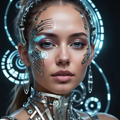 Prompt: Futuristic digital artwork of a musician's face, metallic sheen, holographic music notes swirling around, sleek silver musical instruments floating in the background, glowing LED earrings, high-tech facial details, cyberpunk, highres, futuristic, metallic sheen, holographic, sleek design, detailed facial features, vibrant lighting