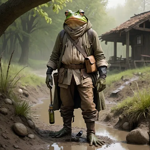 Prompt: A frog dressed in rugged clothes. a tunic in earth tones and sturdy trousers. withered well worn leather boots caked in mud. A bandolier slung across his chest holds various pouches, vials, and tools. A hooded duster style jacket protects him from the elements when needed. 