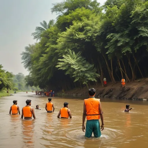 Prompt: a man standing in a river with a orange vest on and a group of people swimming in it and some trees, Bholekar Srihari, samikshavad, jayison devadas, a picture