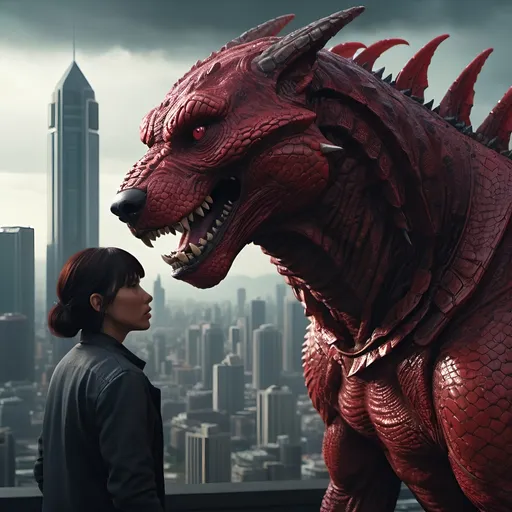 Prompt: Pov a huge reptilian dark red dog kaiju nuzzling a futuristic civilian into its mouth, large size difference